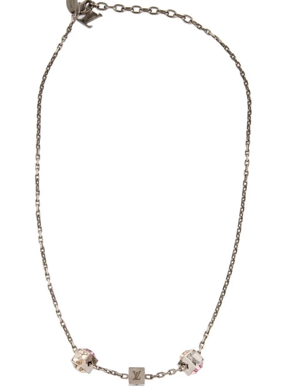 Louis Vuitton Silver Chain Necklace with Pink Crystal Cube Charms